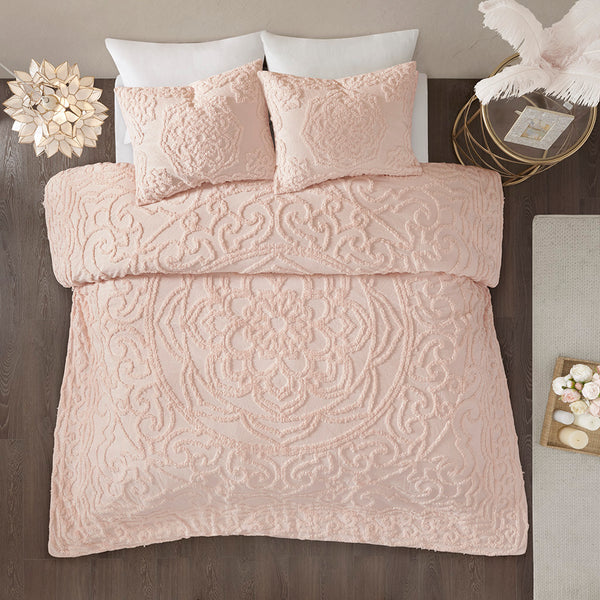 JLA Home Madison Park - 3-Piece Laetitia Tufted Cotton Chenille Medallion Comforter Set – Boho Shabby-Chic Textured OEKO-TEX Quality Blush MP10-5878