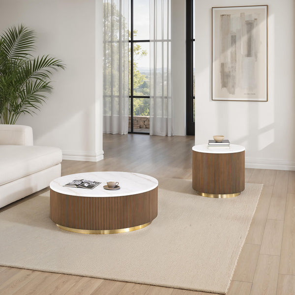 English Elm Contemporary 3 Piece Marble Top Living Room Table Set with Gold Stainless Steel Base B2741S00908