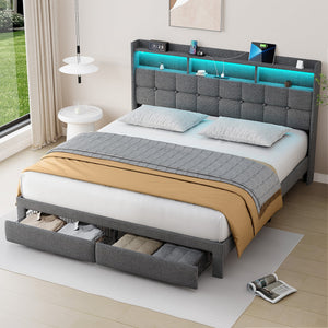 English Elm King LED Upholstered Bed Frame with Storage Headboard, 2 Drawers, Fast Charging Ports & Mood Lights W1550P190366