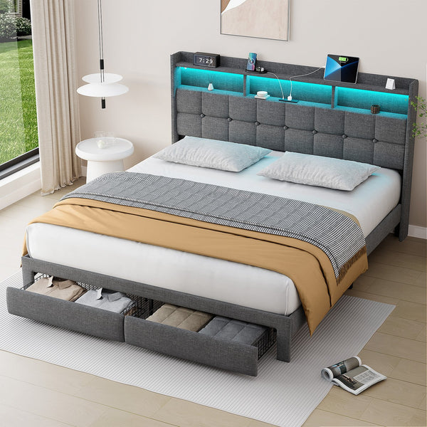 English Elm King LED Upholstered Bed Frame with Storage Headboard, 2 Drawers, Fast Charging Ports & Mood Lights W1550P190366