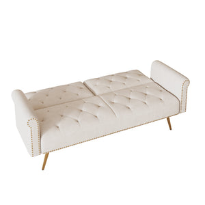 English Elm A Velvet 69.7" Sofa Bed with Gold Legs, Nailhead Trim, 2-Seater Convertible Sofa with Pillow Beige W3356P298442