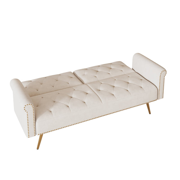 English Elm A Velvet 69.7" Sofa Bed with Gold Legs, Nailhead Trim, 2-Seater Convertible Sofa with Pillow Beige W3356P298442