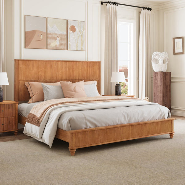 English Elm Solid Rubberwood Queen Platform Bed Tall Headboard Natural Grain No Box Spring W1716S00031