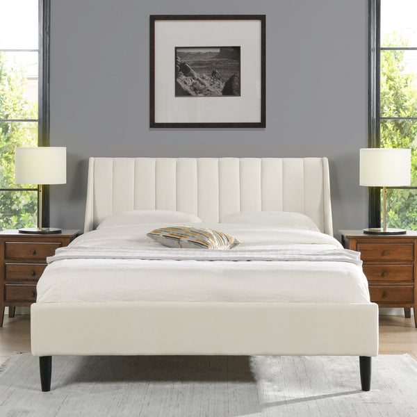 English Elm Jennifer Taylor Home - Aspen Vertical Tufted Platform Bed Set, Queen Size In Cloud White Velvet – Handmade Comfort & Style B2719P238513