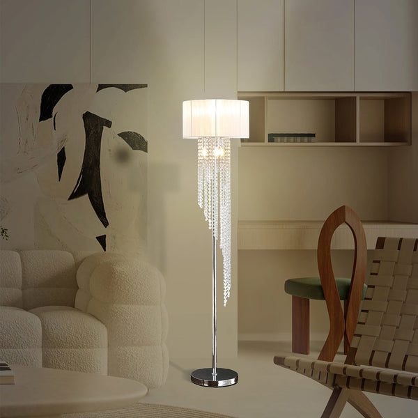 English Elm 65.75"H Sheer White Drum Shade Floor Lamp with Cascade Crystal Raindrops, Chrome Metal Elegance for Living Room Silver+White B072P220160