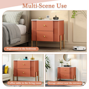 English Elm Christopher Knight Home® - Modern Fluted Nightstand with Two Drawers and Gold Legs, Sleek Textured Bedside Table for Stylish Storage and Easy Cleaning Orange 23 L x 18 W x 18 H N761P285710G