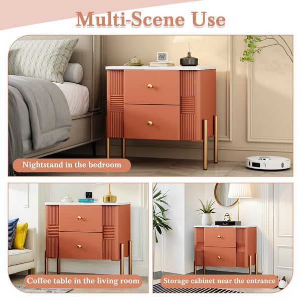 English Elm Christopher Knight Home® - Modern Fluted Nightstand with Two Drawers and Gold Legs, Sleek Textured Bedside Table for Stylish Storage and Easy Cleaning Orange 23 L x 18 W x 18 H N761P285710G