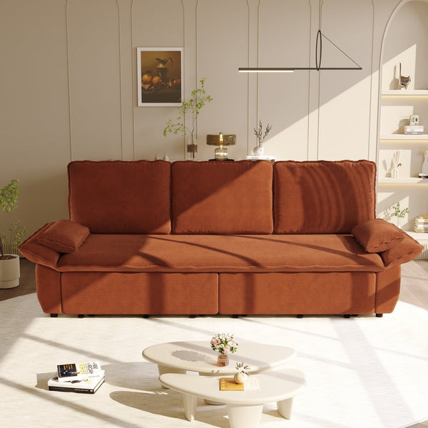 English Elm 94.5" King Convertible Sleeper Sofa Corduroy Upholstered Chaise Lounge Guest Room Bed Orange W1885S00307