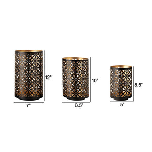 English Elm Set of 3 Moroccan Lattice Iron Lanterns Gold Black Finish Candle Holders Centerpiece B056P416822