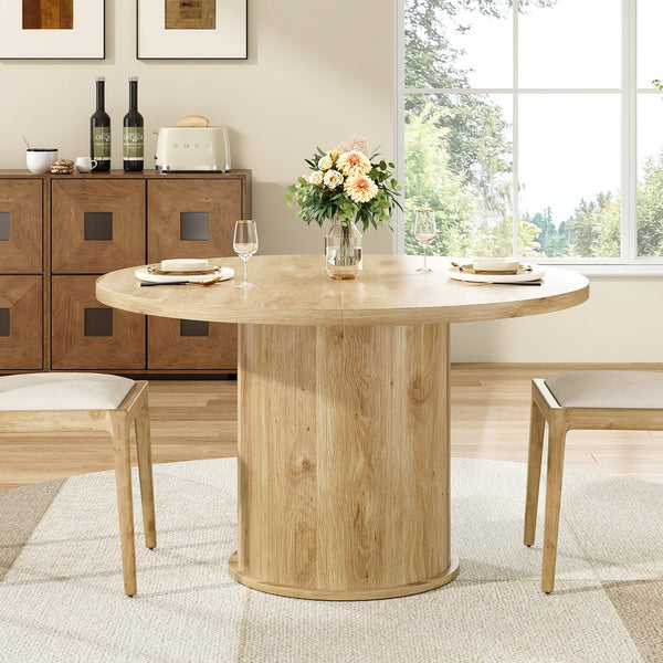 English Elm 43" Round Wood Dining Table with Geometric Metal Base Seats 4 Space Saving Modern Natural T3623P433910
