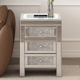 15.7''W Silver Mirrored End Table, Wireless Charging, USB, LED Lights, 3 Drawers, Crystal Handles