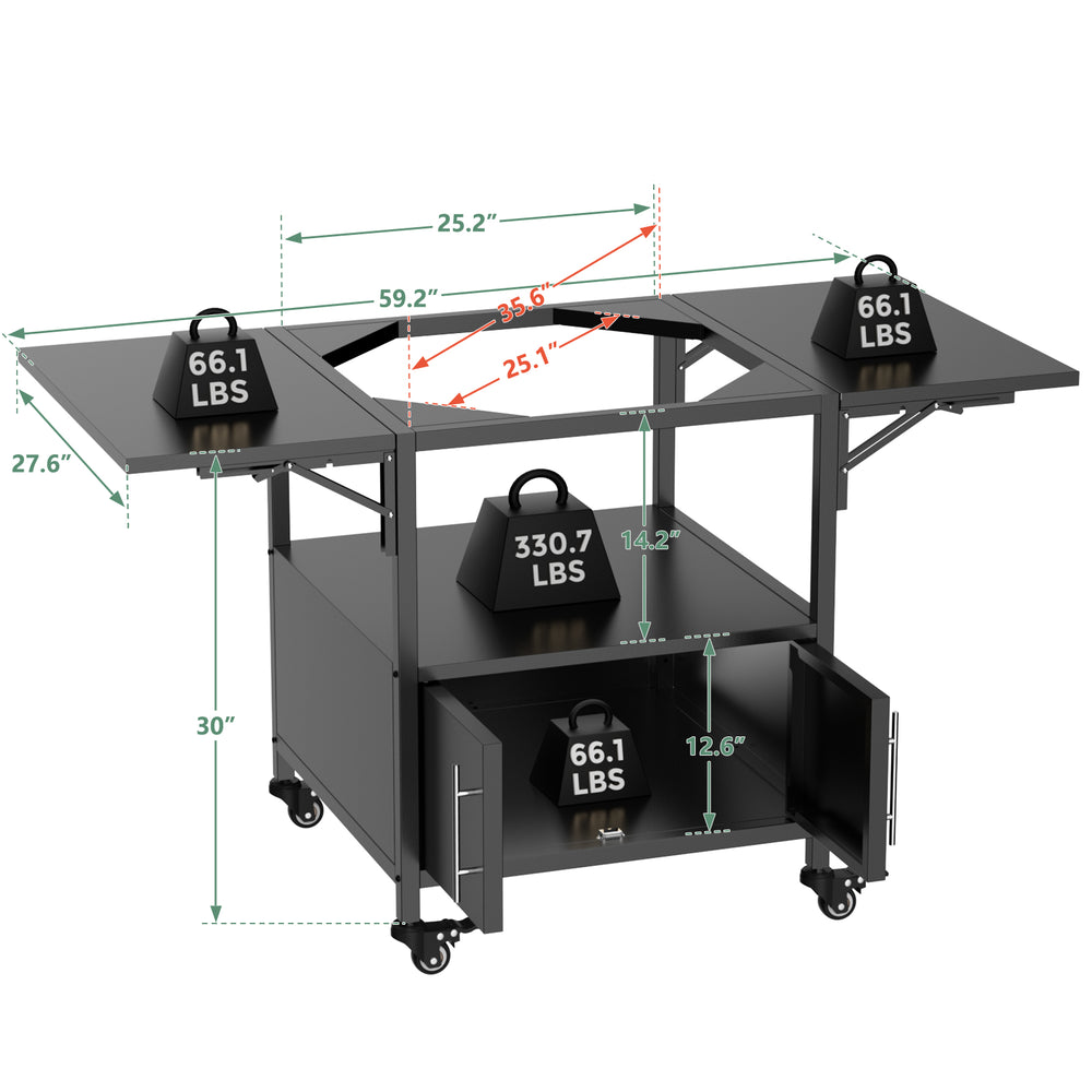 English Elm Outdoor Metal Kamado Grill Cart with Folding Prep Panels and Bottom Storage Compartment W3190P305785