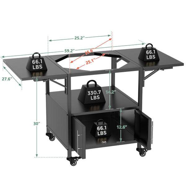 English Elm Outdoor Metal Kamado Grill Cart with Folding Prep Panels and Bottom Storage Compartment W3190P305785