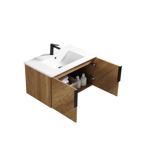 English Elm 30 Inch Floating Bathroom Vanity Fluted Wood Grain Front with Ceramic Integrated Sink W3520S00047