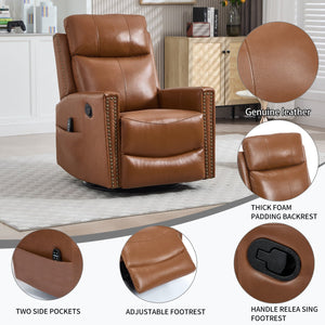 English Elm Deep Ochre Genuine Leather Swivel Rocker Recliner with Massage Heat for Living Room W1803P323711
