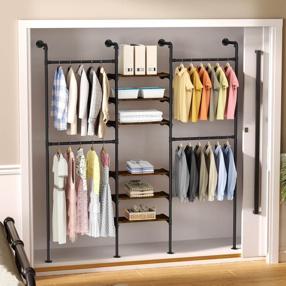 English Elm Industrial Pipe Clothing Rack - Wall-Mounted Heavy-Duty Garment Storage System With Adjustable Shelves T3210P392614