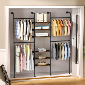 English Elm Industrial Pipe Clothing Rack - Wall-Mounted Heavy-Duty Garment Storage System With Adjustable Shelves T3210P392614