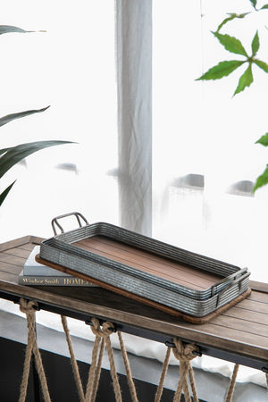 English Elm S/2 Rustic Fir Wood Serving Trays with Iron Accents for Farmhouse Tablescapes W2078P495641
