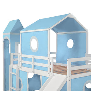 English Elm Twin Castle Loft Bed with Slide Tent and Tower Pinewood Playhouse Frame for Kids N708P249475C