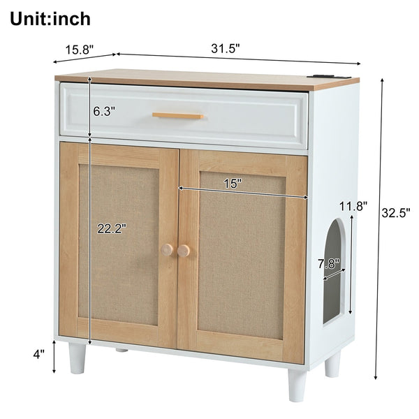 English Elm 2-piece Hidden Litter Box Cabinet with Scratching Doors Charging Station and Drawer N843S002406N