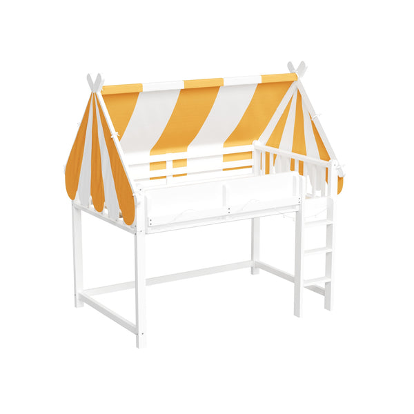 English Elm Full Size Solid Wood Loft Bed with Canopy Led Lighting and Integrated Bookshelf White N7090002242K