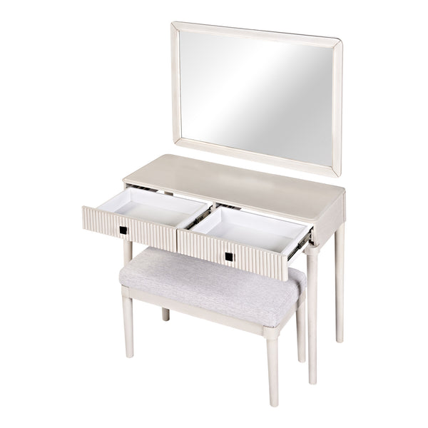 English Elm Modern Vanity Desk with Mirror & Stool, 2 Large Drawers, Fluted Panels, Cushioned Ergonomic Seat, White N844P262898A