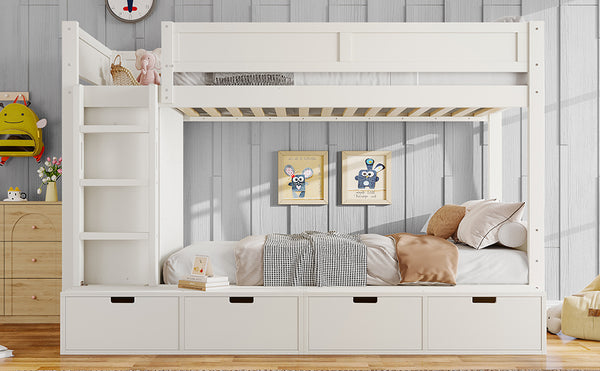 English Elm Twin Triple Bunk Bed Metal L-shaped Frame Sleeps Three Kids White Finish Ivory W1580S00643