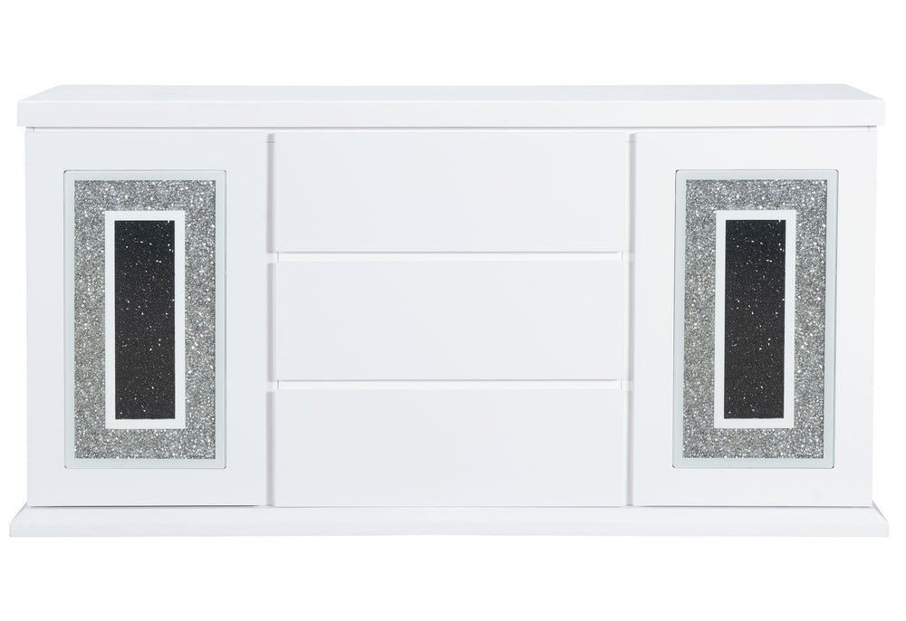 English Elm ARIYA White Buffet – Contemporary High Gloss Solid Wood & MDF Sideboard with Clear Glass Inlay, Chic Finish B201P226213