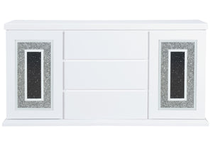 English Elm ARIYA White Buffet – Contemporary High Gloss Solid Wood & MDF Sideboard with Clear Glass Inlay, Chic Finish B201P226213