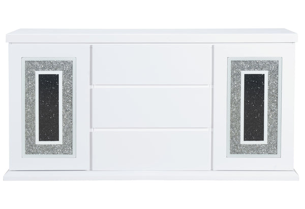 English Elm ARIYA White Buffet – Contemporary High Gloss Solid Wood & MDF Sideboard with Clear Glass Inlay, Chic Finish B201P226213