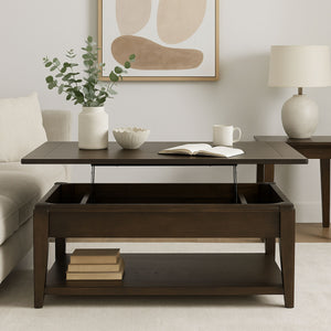 English Elm Cocktail Mahogany Lift-Top Table with Casters, Hidden Storage & Lower Shelf—Elm Veneer Solid Wood B2699P373658