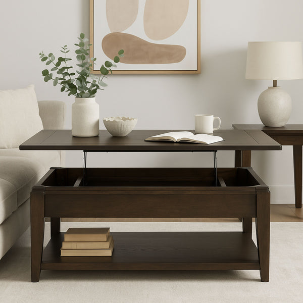 English Elm Cocktail Mahogany Lift-Top Table with Casters, Hidden Storage & Lower Shelf—Elm Veneer Solid Wood B2699P373658