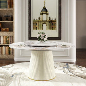English Elm 59.05 "Modern Round Dining Table With Sintered Stone Top & Lazy Susan – Seats 6-8 People Comfortably" W1535S00451