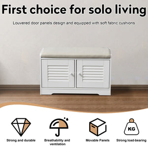 English Elm 28.74"Shoe Storage Bench with Cushion, 2-Door Louver Cabinet, Adjustable Shelves, Breathable Seat W2948P244736