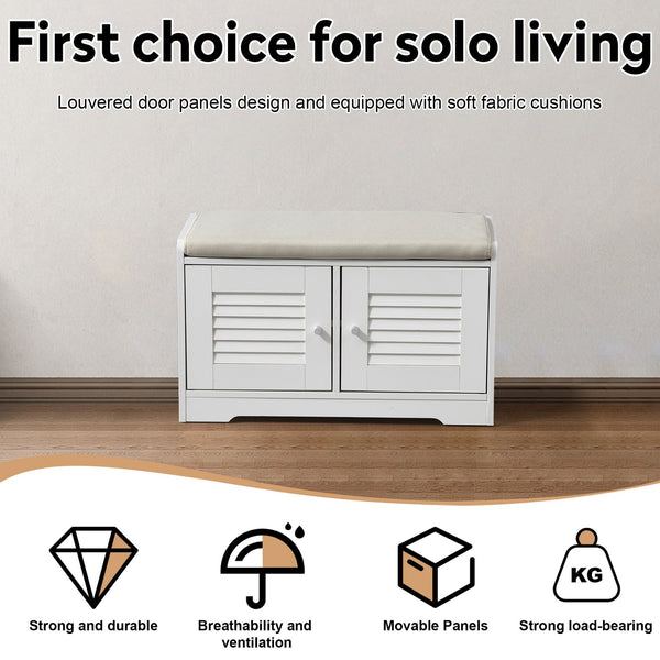 English Elm 28.74"Shoe Storage Bench with Cushion, 2-Door Louver Cabinet, Adjustable Shelves, Breathable Seat W2948P244736