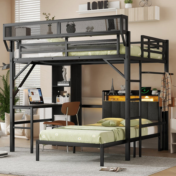 English Elm Full Full over Twin Metal Bunk Bed with Desk, Bookshelves, LED Lighting & USB Charge Station, Black W2580S00040