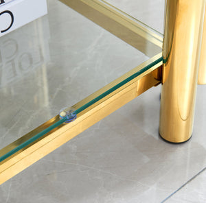 English Elm 20 Inch Square End Table - Modern Gold Stainless Steel & Glass Side Table With Double-Layer Storage W2978S00006