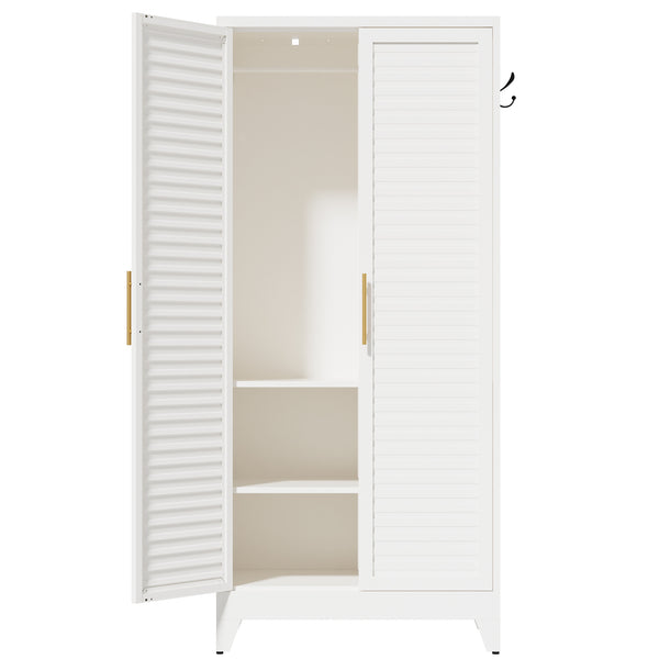 English Elm White Steel Freestanding Wardrobe Cabinet with Rod and Shelves for Dorm or Apartment T2398P480394