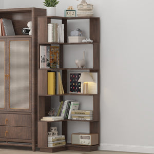 English Elm 6 Tier Freestanding L-Shaped Corner Bookshelf with Anti-Tip, Rounded Corners, 3D Wood Grain Finish Dark Brown W2899P372516