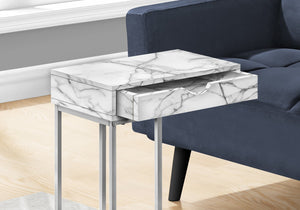 English Elm Accent Table - C-Shaped End Table With Storage Drawer, White Marble Look, Grey Metal Frame, Modern Design B2710P219421
