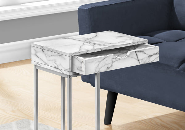 English Elm Accent Table - C-Shaped End Table With Storage Drawer, White Marble Look, Grey Metal Frame, Modern Design B2710P219421