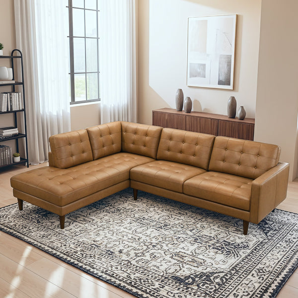 English Elm Lucco Top-grain Leather Sectional with Chaise Mid-century Tufted Living Room Sofa B183S00217