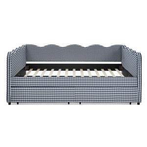 English Elm Queen Gingham Linen Daybed with Wave Backrest Two Storage Drawers and Usb Port Navy Blue W1413S00152