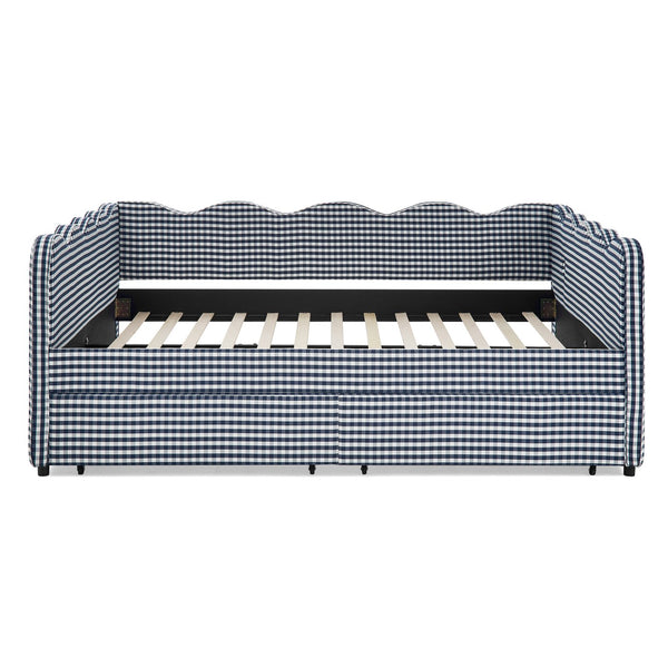 English Elm Queen Gingham Linen Daybed with Wave Backrest Two Storage Drawers and Usb Port Navy Blue W1413S00152