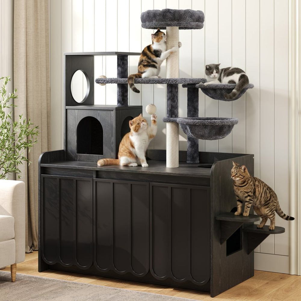 English Elm 50.6" Modern Cat Tower with Hidden Litter Enclosure Sisal Posts and Dual Hammocks N704P443505B