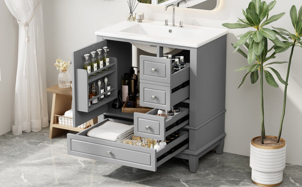 English Elm Christopher Knight Home® - 30" Freestanding Bathroom Vanity with Ceramic Sink, Soft-Close Door, Gold Knobs & 3 Drawers, Durable Painted Finish Grey N759P225994E