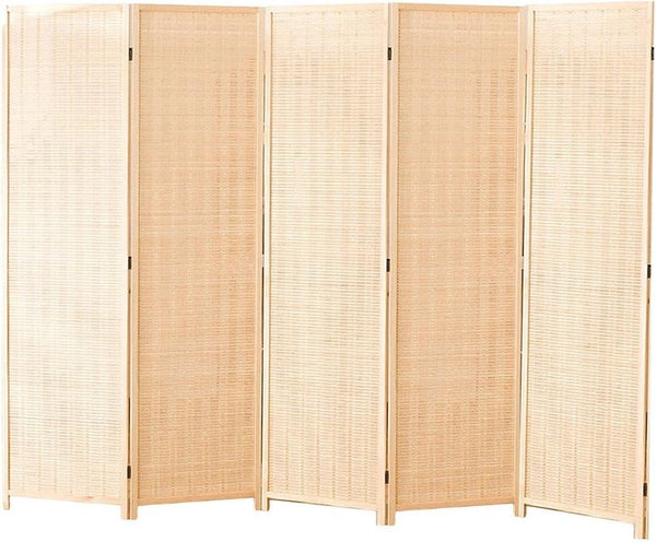 English Elm 5 Panel Room Divider Bamboo Privacy Screen - Natural Foldable 5-Panel W-Style Portable Partition for Home W3198P300354