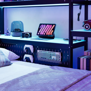English Elm Twin Gaming Daybed with Led Strips Desk Pegboard Bookcase and Three Storage Drawers Black+Blue N820S00083C