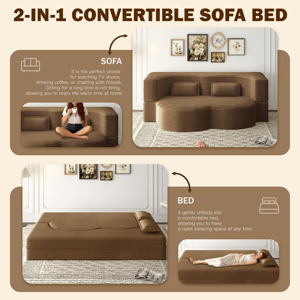 English Elm Modern Full Size Folding Sofa Bed with Plush Corduroy, 2 Pillows, 15" Foam Mattress, No Assembly Required Camel W1885P347081