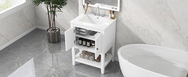 English Elm 24" Modern Sleek Bathroom Vanity with Ceramic Sink, Solid Wood Frame, Waterproof Finish and Open Shelf Storage White N725P246473K